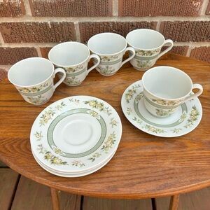 Royal Doulton England Tonkin Tea Coffee Cup & Saucer Green Tree Set of 5